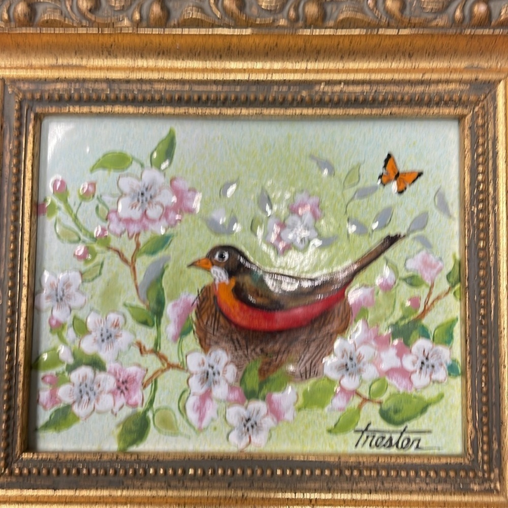Vintage Lorraine Trester Enamel-on-Copper Baby Dear Bird Sweet Floral Artwork - Picture 3 of 6